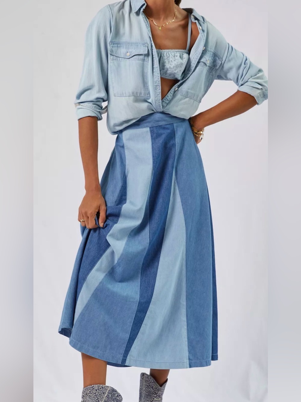 Anthropologie love the label colorblock denim midi skirt 70s style size xs